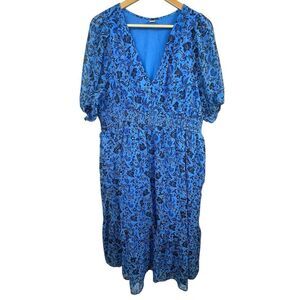 Old Navy Blue Chiffon Midi Tiered Ruffle Midi Dress Size XL Floral